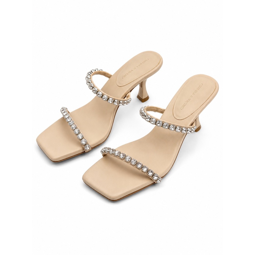 Chelsea & Violet Nude Rhinestone Kitten Heel Mule Sandals Women's Size 7.5